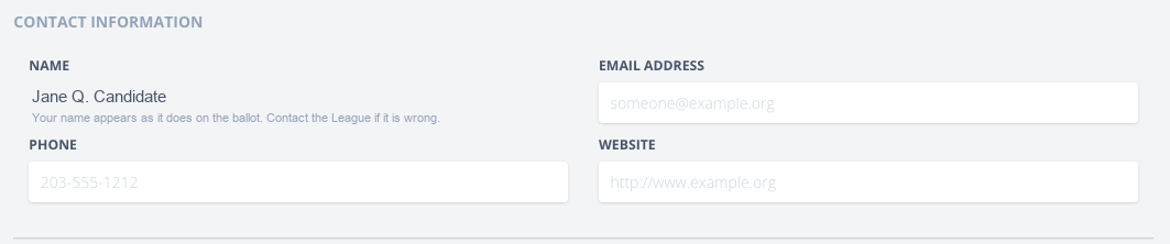 The Contact Information block of the candidate form: name shown as text, with email, phone and website inputs