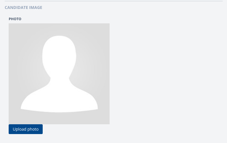 The Candidate image block: the current photo, or a grey silhouette placeholder, above an Upload photo button