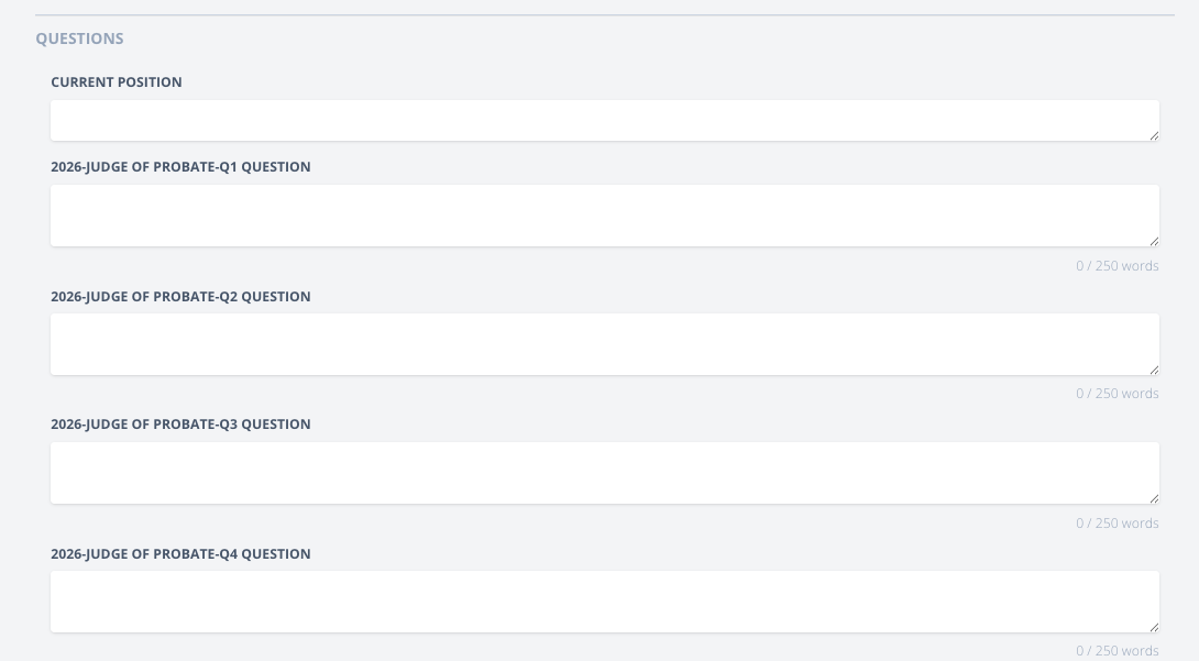 The Questions block of the candidate form, with a Current position box and large text areas beneath each question