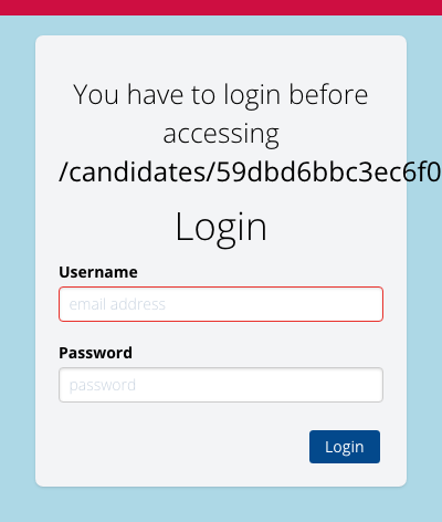 The login form showing the message: You have to login before accessing /candidates/…/edit